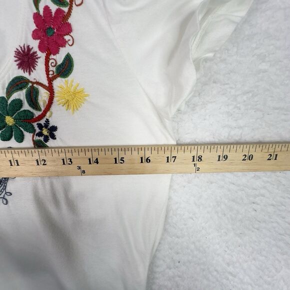 Johnny Was T-Shirt Floral Embroidered White S 100% Cotton Short Sleeve Boho Chic - Picture 12 of 13